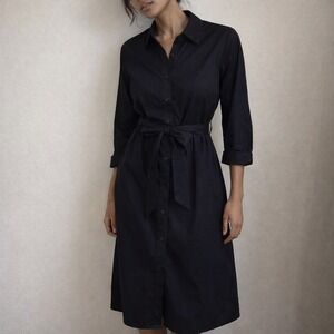 Talbots Black Shirt Dress Button Front Tie Waist 10P Minimalist Quiet Luxury